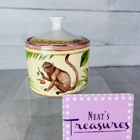 American Atelier MONKEY 5029 Jungle Fruit Bamboo Rim Porcelain Lidded Sugar Bowl - Picture 1 of 16